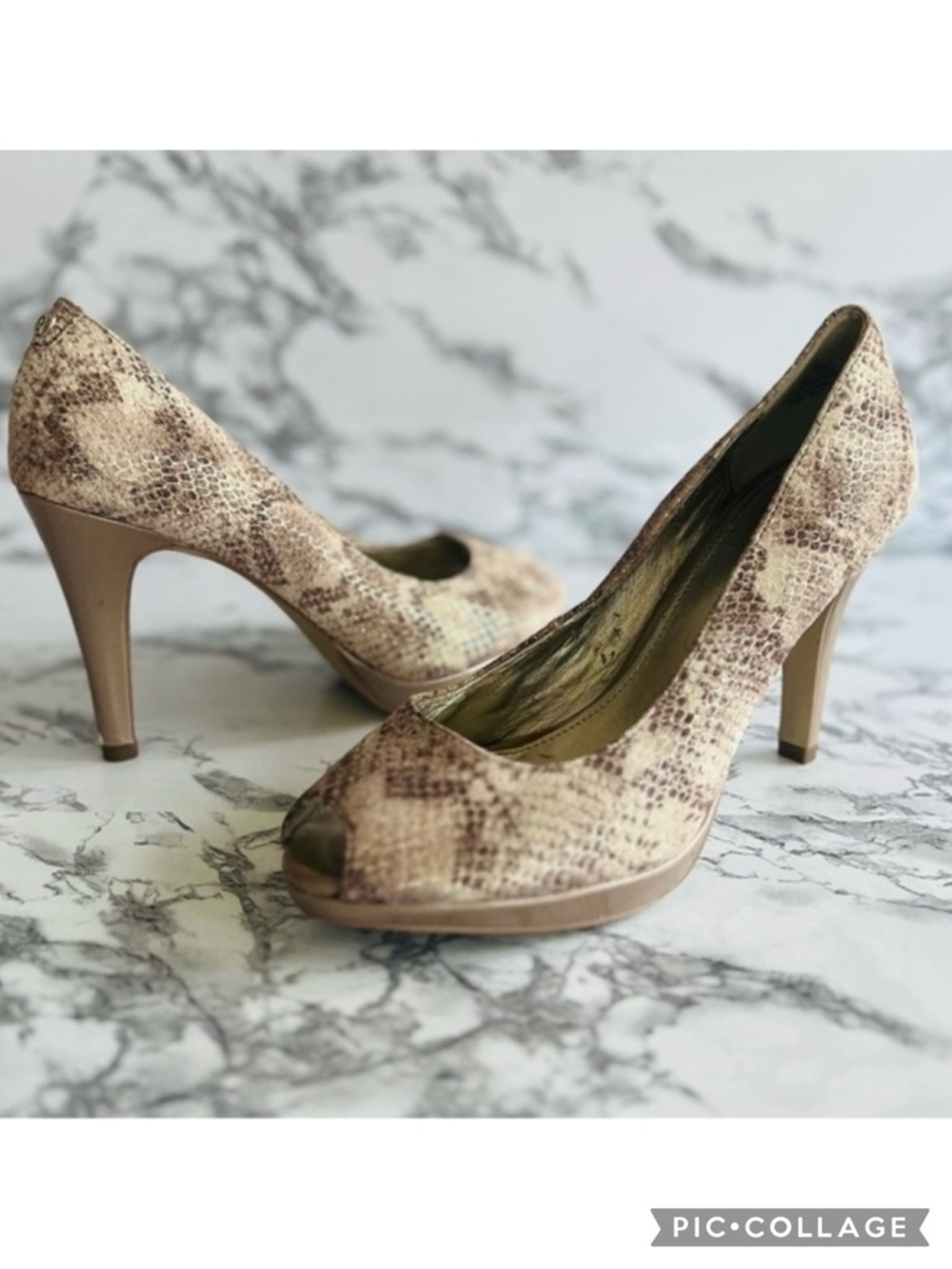 Anne Klein iflex Dynah Heels Beige Taupe Metallic Suede Snake Print Open Toe 7.5